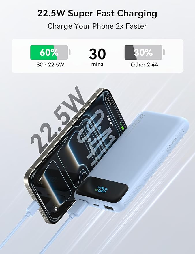 Portable Charger, 10000mAh 22.5W Fast Charging Power Bank with 4 Built-in Cables, Travel Essentials Battery Pack with LED Display, 6 Outputs Charging Bank Compatible with iPhone, iPad, Samsung Blue