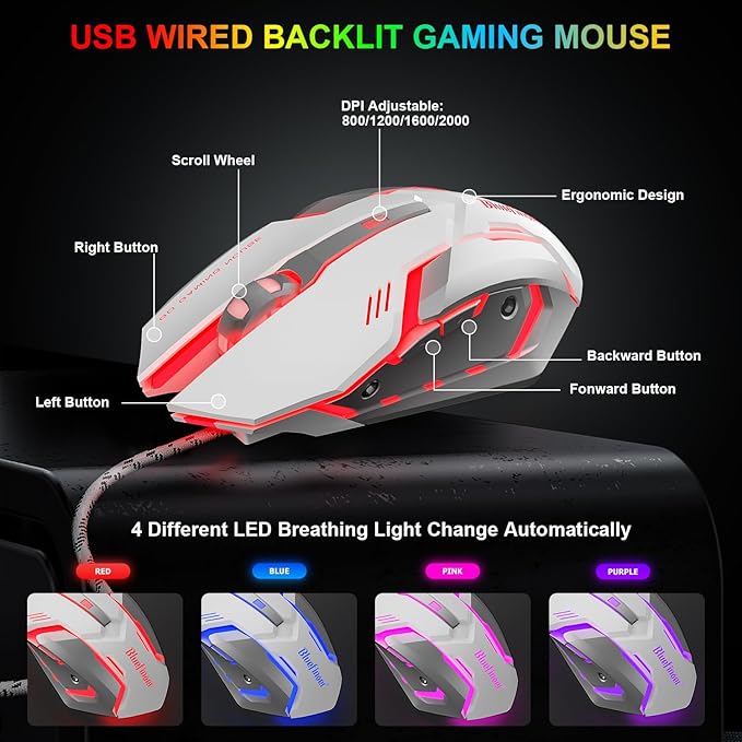 BlueFinger RGB Gaming Keyboard and Backlit Mouse Combo, USB Wired, LED Gaming Set for Laptop PC Computer Game and Work (White & Black)