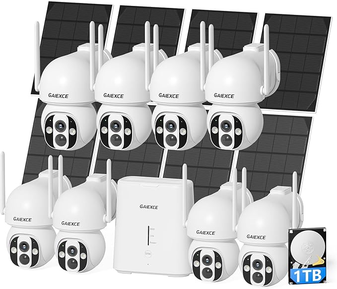 Solar Outdoor Cameras for Home Security, 8 Cam Kit, No Subscription, Wireless Security Camera System, Expandable to 10CH, 360° View PT Cameras, 2K Color Night Vision, 2.4G & 5GHz WiFi, 1TB HDD