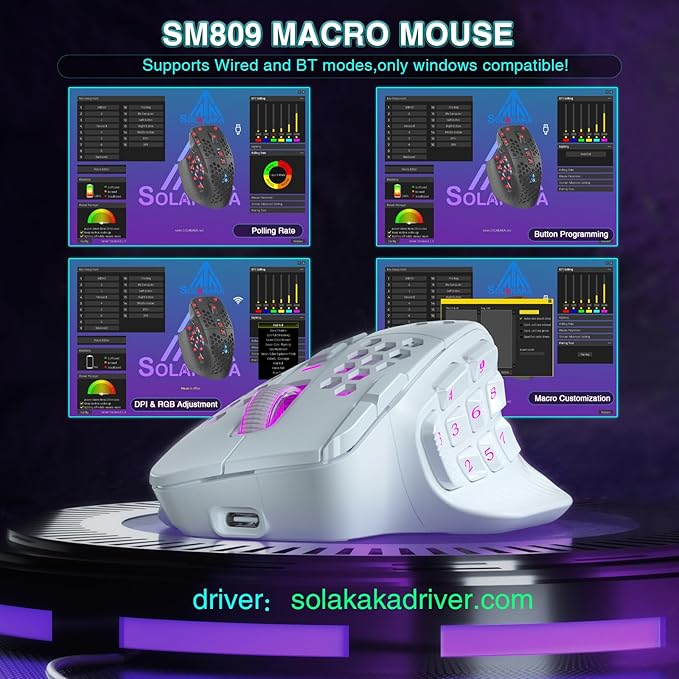 SOLAKAKA SM809 Pro MMO Gaming Mouse with 9 Side Buttons,24000 DPI RGB Mouse for Gamer,16 Programmable Macros MMO Mouse,White