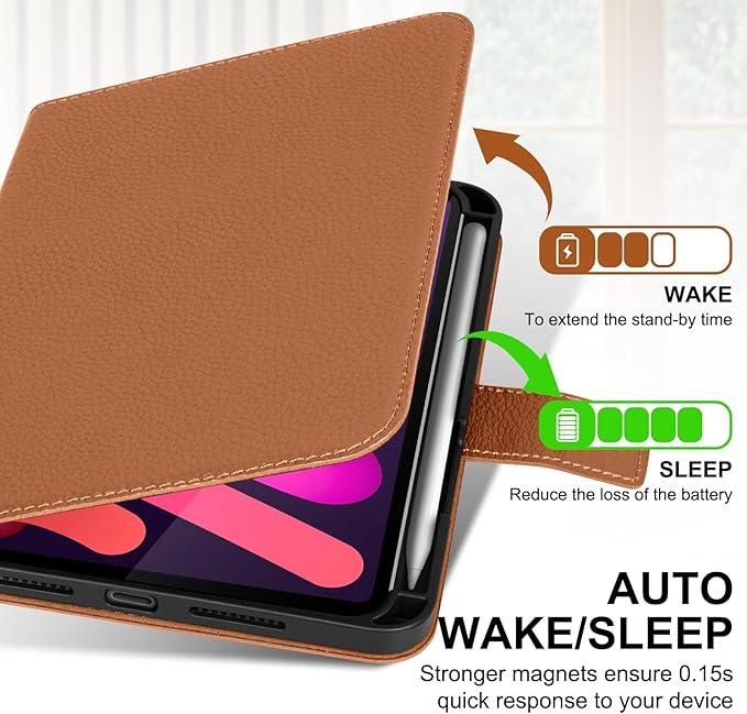 Genuine Leather Case for iPad mini 7th/6th Gen 8.3 Inch 2024/2021 | with Pencil Holder and Adjustable Stand, Magnetic Closure, Auto Wake/Sleep Cover | Brown