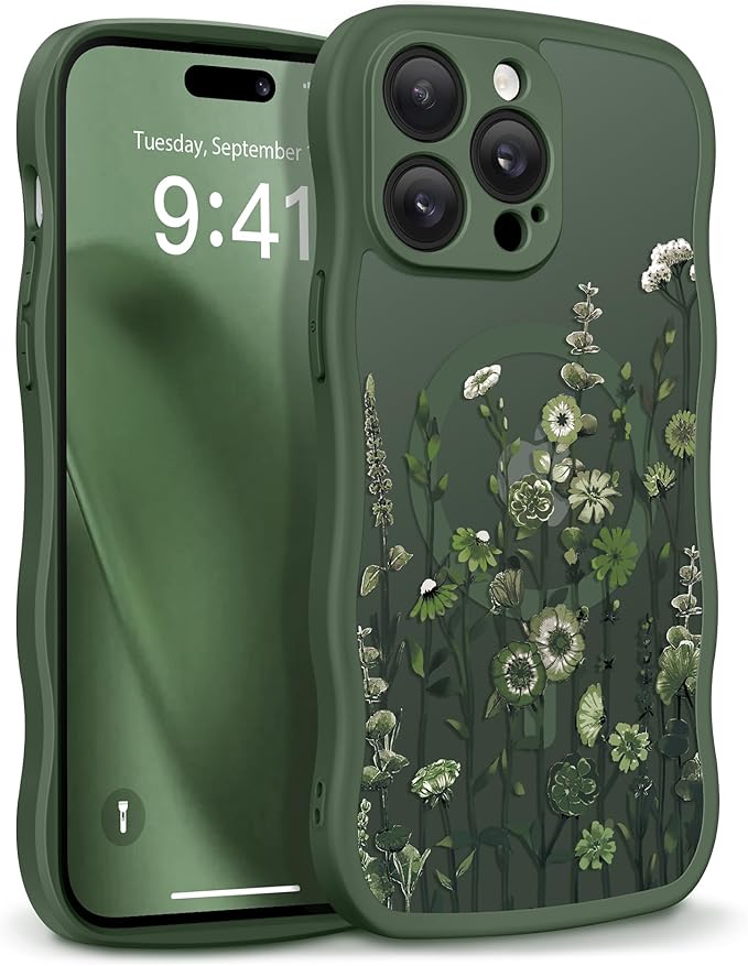 GVIEWIN for iPhone 14 Pro Case Compatible with MagSafe [Curly Wave Edge][Full Camera Protection] Floral Translucent Shockproof Magnetic Women Phone Case for 14 Pro, Floratopia/Forest Green
