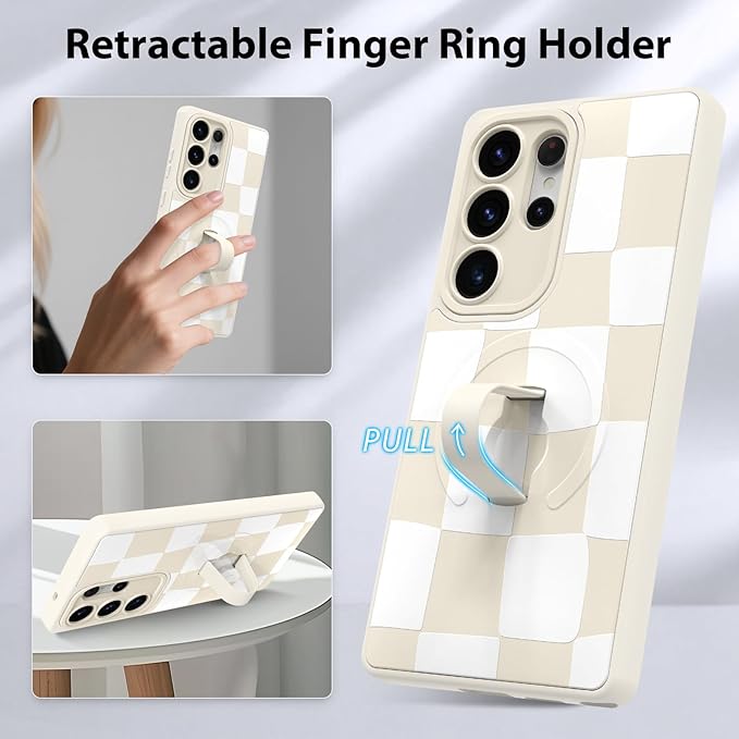 KANGHAR Compatible with Samsung Galaxy S25 Ultra Case, Support for MagSafe, Silicone Checkered Cute Pattern, Wristband Kickstand Camera Protection Soft Slim Cover for Girls Women -White