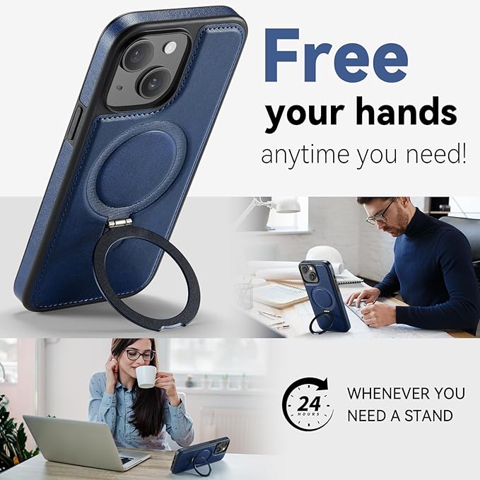 for iPhone 14 Plus Case with Stand Compatible with Magsafe Slim PU Leather & Durable TPU Drop Proof Magnetic Kickstand Protective Cover with Tempered Glass Screen Protector 6.7", Blue