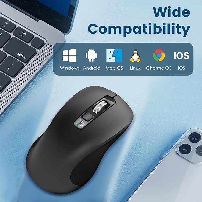 CITLLA Wireless Bluetooth Mouse (USB + BT1 + BT2), Full Size Mouse, 4-Way Scrolling, Multi-Device Silent for Computer, Laptop, iPad, MacBook (Grey)