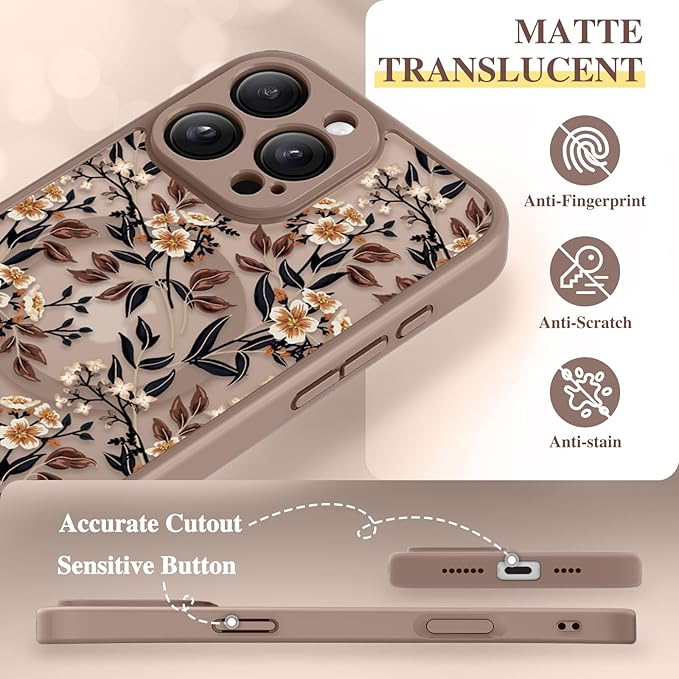 GVIEWIN for iPhone 16 Pro Max Case Compatible with MagSafe, [Military Grade Protection] [Screen Protector] Full Camera Protection Floral Translucent Women Magnetic Phone Case, Bunchflower/Brown