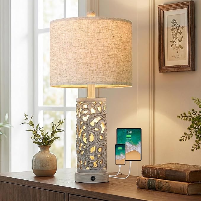 OYEARS 22'' Farmhouse Table Lamp for Living Room, Bedside Lamp with 2 USB Ports for Bedroom, Rustic Nightstand Lamp with Linen Lampshade for Office Hallway Home Decor, Distressed Grey (Bulb Included)