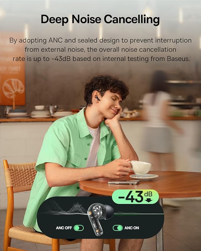 Baseus Bass BP1 NC Hybrid Active Noise Cancelling Wireless Earbuds, 12mm Super-Bass Driver, 41H Playtime, Bluetooth 6.0, IP55 Waterproof, 4-Mic AI ENC, 24 Customizable EQ
