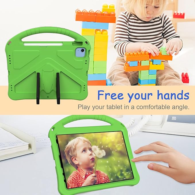 Kids Case for iPad A16 11th/10th Generation 2022/2025 11-Inch iPad Cover with Pencil Holder, Techcircle Lightweight Shockproof EVA Foam Rugged Handle Stand Anti-Slip Grip Protective Case, Green