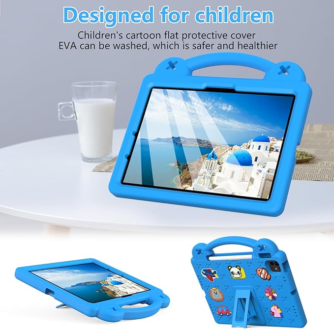 Dteck iPad Air 13"/Pro 13" 2024 M4/Pro 12.9 6th/5th/4th/3rd Gen Case - Cartoon Panda Shockproof Rugged Lightweight Convertible Stand With Handles, Kids Friendly, Sky Blue