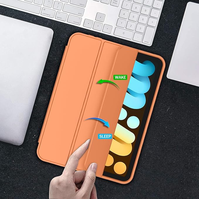 iMieet iPad mini 7 Case 2024 (A17 Pro), iPad mini 6 Case (8.3-Inch,2021 Model), iPad mini 7th/6th Generation Case with Pencil Holder, Trifold Stand Smart Case with Soft TPU Back,Orange
