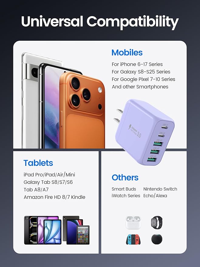 60W USB C Charger Block for iPhone 17 16 15,EIZLXQ 2-Pack USB C Wall Charger with Total 60W Max Output,10FT USB C Cable,Fast Charging Blocks for iPhone 17/16/15 Series,Galaxy,Pixel,iPad-Lavender