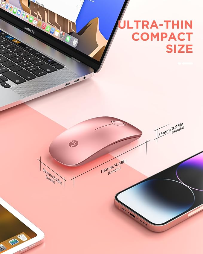 RAPIQUE Bluetooth Wireless Mouse - (BT5.1+USB) Dual Connectivity, Quiet Click, Low Power, and 1600 DPI, Portable Cordless Mouse for Mac, Laptop, MacBook Pro/Air, iPad (Rose Gold)
