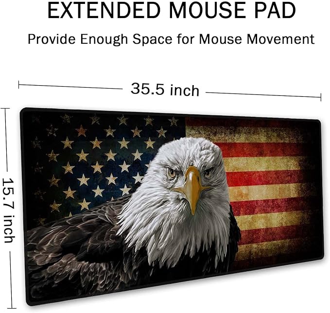SSOIU Extended Gaming Mouse Pad - Non-Slip Water-Resistant Rubber Base Computer Keyboard Mouse Mat, 35.5x15.7-inch XX-Large Desk Mat, Ideal Partner for Work & Game, American Bald Eagle on Grunge Flag