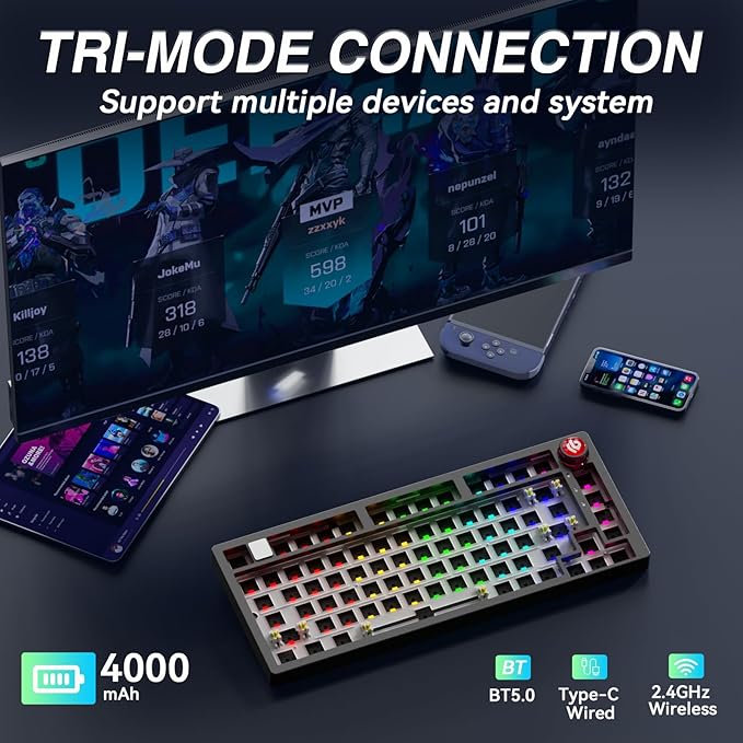 LEOBOG Hi75C Pro Wireless Mechanical Keyboard Kit – Aluminum Alloy Gasket Mount 75% Barebones DIY Base with Hot Swap, RGB Backlighting & Volume Knob – Enhanced Custom Gaming Keyboard Build, 4000mAh
