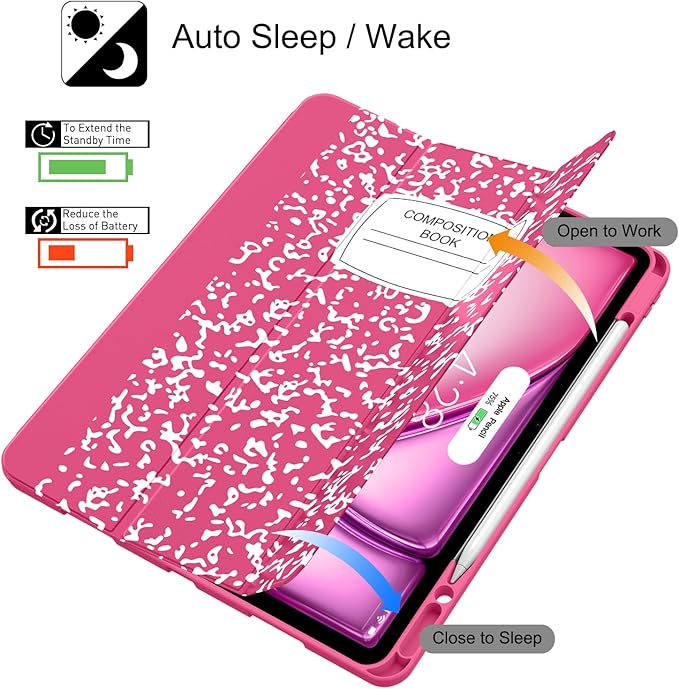 Soke Case for iPad Air 13 Inch (M4/M3/M2,2026-2024), iPad Pro 12.9" 6th/5th Generation with Pencil Holder(2021 2022 Release)-[Apple Pencil Charging + Auto Wake/Sleep] Soft Back Cover, Book Hot Pink