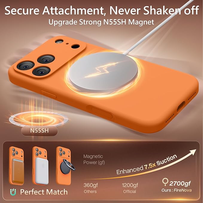 FireNova Magnetic for iPhone 17 Pro Case, Compatible with MagSafe, [Integrated Silicone Camera Control Button] [Camera Protection] Anti-Scratch Microfiber Lining Phone Case, 6.3", Orange