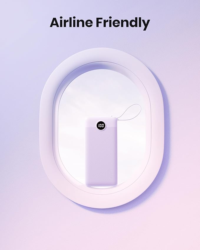 Portable Charger with Built-in Cable, 10000mAh Slim USB C Power Bank, External Battery Pack 5 Outputs 2 Inputs LED Display Compatible with iPhone/Android & More (Lavender)