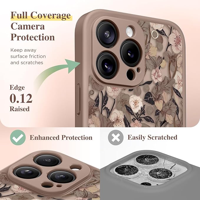 GVIEWIN for iPhone 15 Pro Case Compatible with MagSafe, [Military Grade Protection] [Screen Protector] Full Camera Protection Floral Translucent Women Magnetic Phone Case, Apricot Blossom/Brown