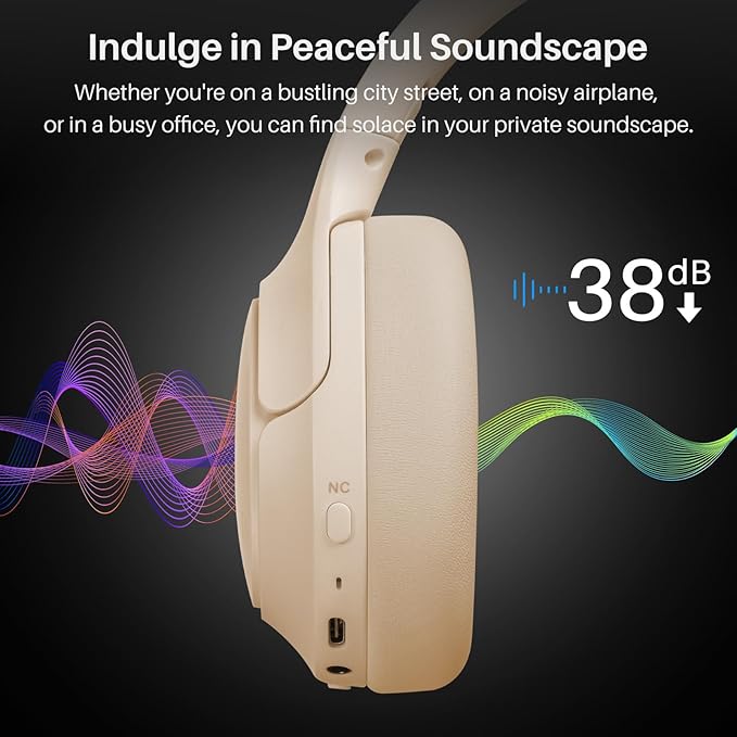 TOZO HT2 Hybrid Active Noise Cancelling Headphones, Wireless Over Ear Bluetooth Headset, 60H Playtime, Hi-Res Audio Custom EQ via App Deep Bass Comfort Fit Ear Cups, for Home Office Travel