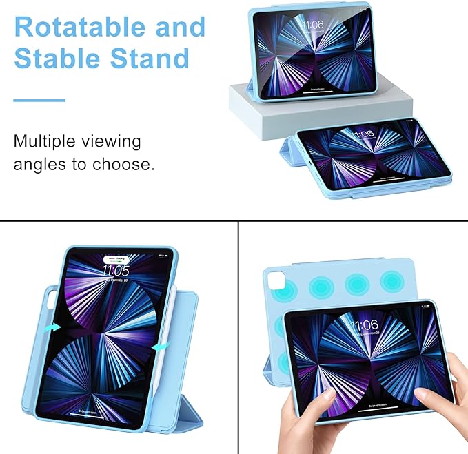 ZENLU iPad Pro 11" M4 M5 Case with Removable Magnetic Folio Cover, Premium PU Leather, Multiple Angles Stand, Pencil Slot Charging Support, Full Protective Case for iPad Pro 11" 2025 2024 (Blue)