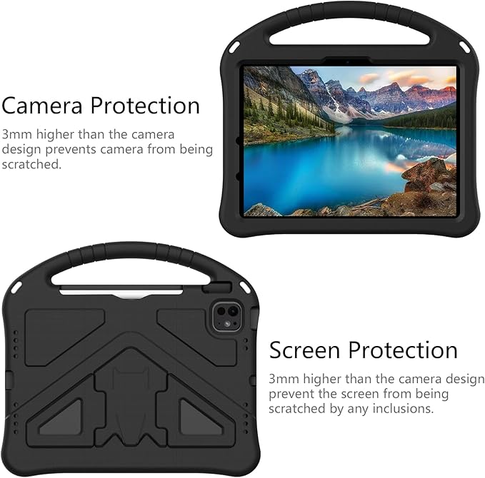 Kids Case for iPad Pro 11-Inch 2022/2021/2020/2018 (4th/3rd/2nd/1st Generation) & iPad Air 5th/4th Gen Case 2022/2020 10.9" with Kickstand/Handle/Pencil Holder Stand Girl Boy Cover, Black
