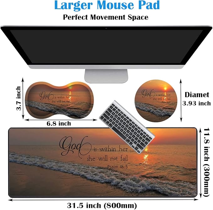 3 Piece Mouse Pad Set with Stitched Edge Large Anti-Slip Mouse Pad Desk Pad Keyboard Pad + Wrist Rest Pad + Coaster, Memory Foam Wrist Rest for Office/Home, Dusk Beach Quotes Psalm46:5