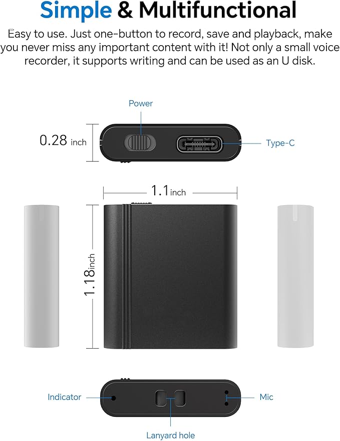 yvn 128GB Digital Voice Recorder - Voice Activated Recorder with Playback, Audio Recording Device for Lectures Meetings, USB C Dictaphone Sound Tape Recorder