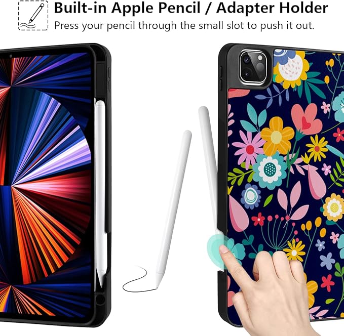 DONGKE Case for iPad Pro 11 inch (4th, 3rd, 2nd & 1st Gen) 2022 2021 2020 2018, Trifold Stand + Pencil Holder + Auto Wake/Sleep + Soft TPU Protective Stand Back Cover, Florals