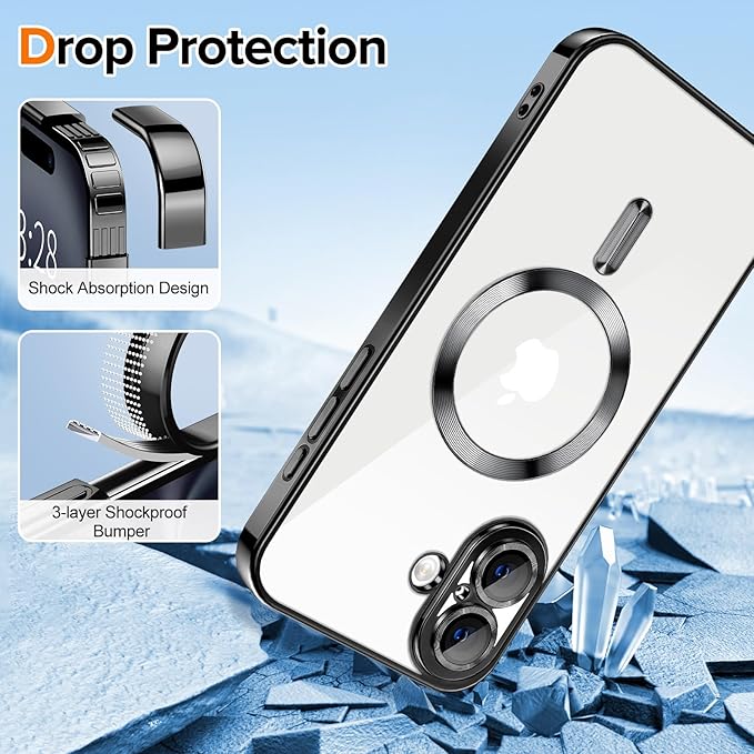 Hython Magnetic Clear for iPhone 16 Case with Camera Lens Protector [Compatible with MagSafe] Luxury Plating Edge Slim Soft TPU Cover Protective Phone Case for iPhone 16 6.1", Black