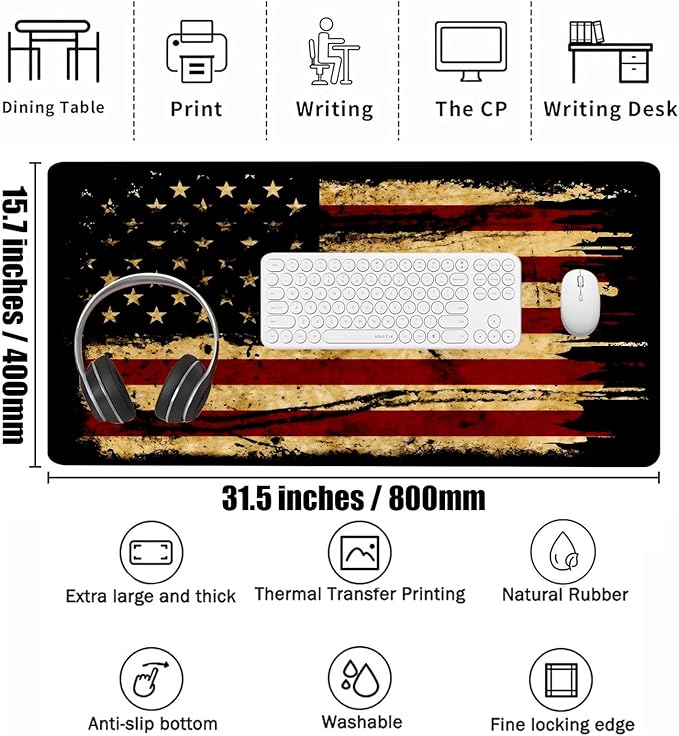Large Gaming Mouse Pad 31.5"x15.7" | Dark American Flag-Themed XXL Keyboard Pad, Mouse Mat, Desk Pad, Non-Slip Rubber Base & Stitched Edges - Extended Mousepad for PC/Laptop/Office/Home Decor