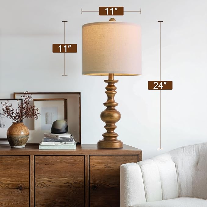 BOBOMOMO 24" Traditional Lamps Set of 2 – Antique Gold Bedside Lamps with Linen Shades, Elegant Medium Farmhouse Lamps for Living Room, Bedroom, and Hallway, Ideal for Warm, Cozy Spaces