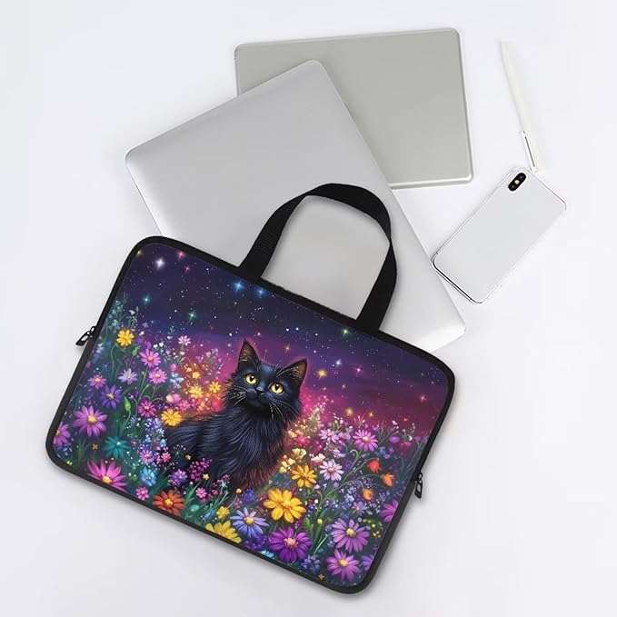 Galaxy Floral Laptop Handle Bag for Women 13 Inch Computer Protect Case Pouch Holder Black Cat Notebook Sleeve Neoprene Cover Soft Carrying Travel for 10-17 Inch Chromebook