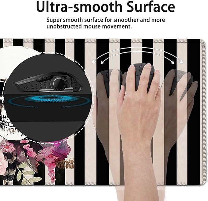 Large Mouse Pad, 31.5 x 11.8in Extended Gaming Mouse Pad with Stitched Edges,XXL Mousepad Protector Non Slip Rubber Base for Office & Home Writing Mat,Skulls and Flowers Black & White Stripes Desk Mat
