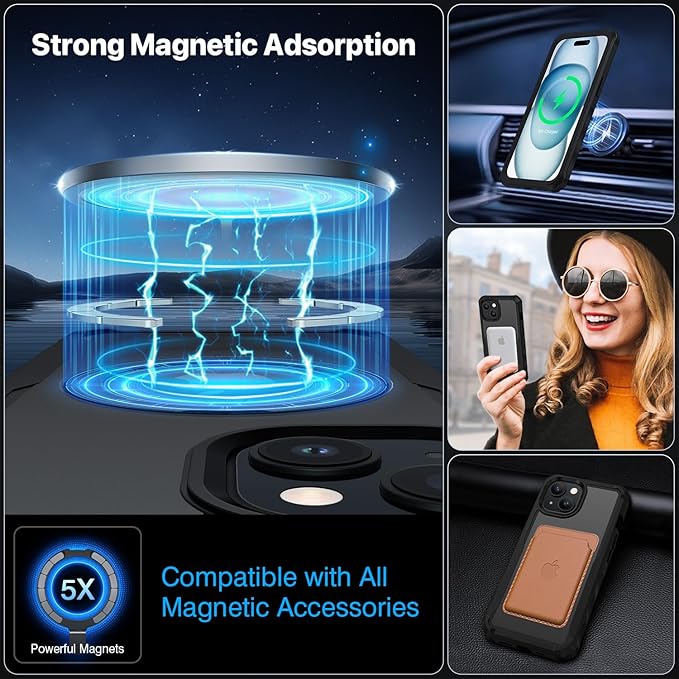 CENHUFO Privacy for iPhone 15 Plus Case, Full Body Phone Case [Compatible with Magsafe] Built-in 9H Tempered Glass Privacy Screen Protector and Magnetic Ring Stand, Clear Camera Lens Cover - Black
