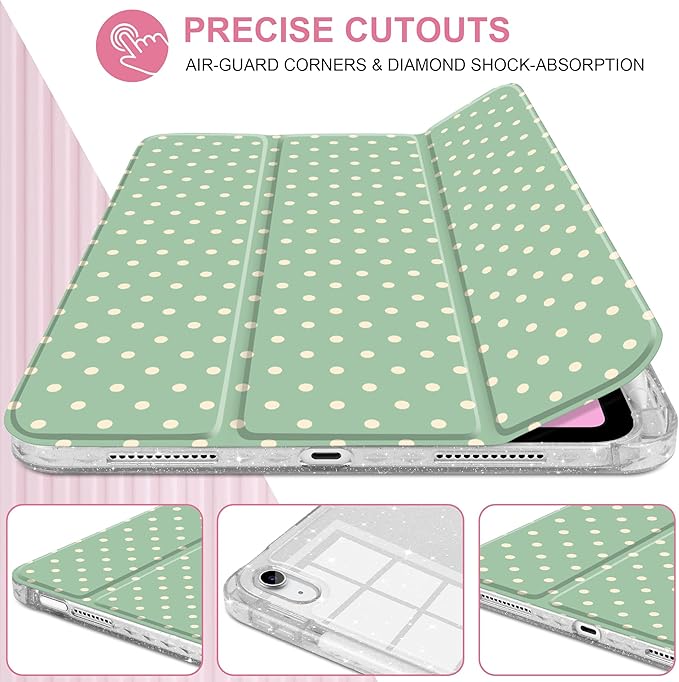 DONGKE for iPad Pro 11 inch Case – Fits M5 2025 / M4 2024, Shockproof Sparkling Glitter Acrylic Back, Pencil Holder, Trifold Stand, Auto Sleep/Wake & Touch ID Support - Green Polka Dot