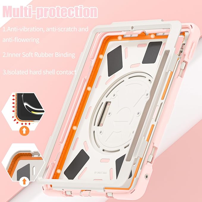 Batianda Case for New iPad Pro 11-inch 2025 M5 2024 M4 Chip Heavy Duty Rugged Durability Silicone Tablet Cover with 360° Rotating Hand Strap Foldable Hidden Stand & Shoulder Strap, Pink