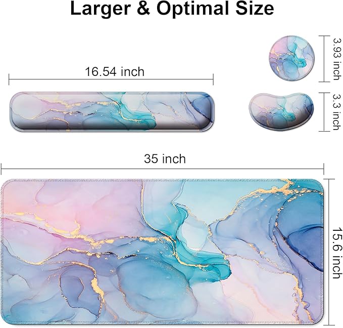 Keyboard Wrist Rest + Mouse Pad with Wrist Support + Desk Mat + Coaster 4 in 1 Set, XXL Large Gaming Mousepad Cute Ergonomic Mouse Pads for Desk Computer Laptop Office Decor-Blue Gold Marble