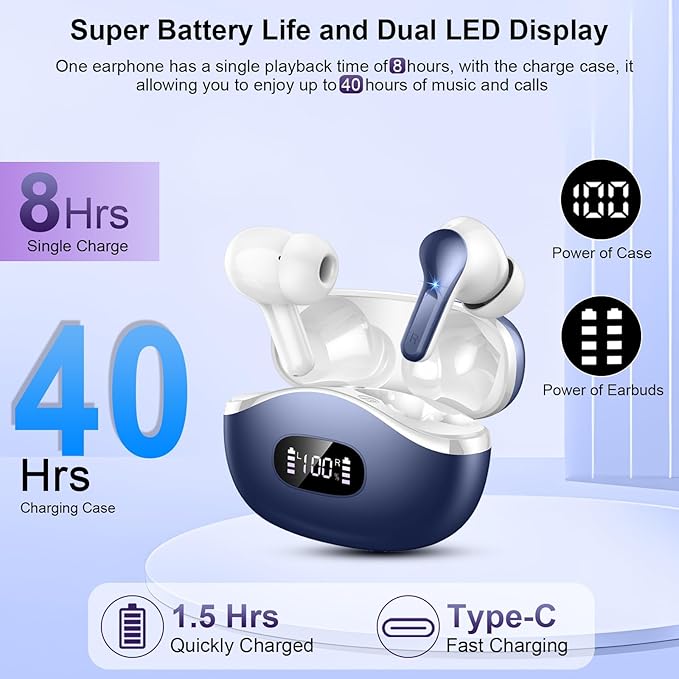 Wireless Earbuds, Bluetooth Headphones 5.4 HiFi Stereo Ear buds with ENC Noise Cancelling Mic, 40H Bluetooth Earbuds with Dual LED Display Charging Case, IP7 Waterproof Earphones for Android iOS