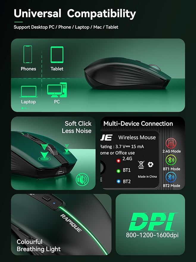 RAPIQUE Bluetooth Wireless Mouse – Bluetooth 5.1 & 2.4G Dual Connectivity, Rechargeable USB-C, Silent Click, Ergonomic 6-Button for Windows/macOS/Android/iOS/Laptop/MacBook(Green-to-Black)