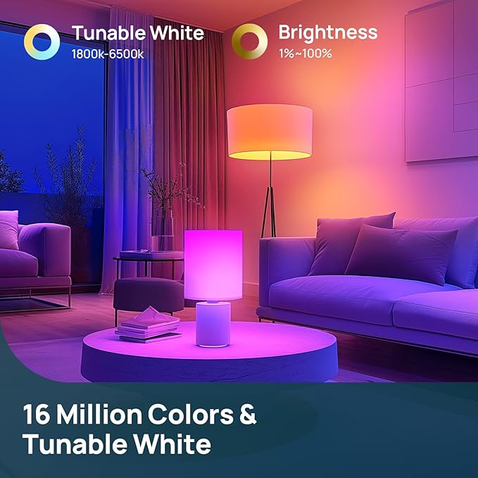 Linkind Smart Light Bulbs, A19 Smart Bulb - 1100LM(75W Equivalent), Compatible with Alexa & Google Home, E26 RGBTW Color Changing Bulbs with Music Sync, 2.4GHz Wi-Fi & Bluetooth, 11W, 4Pack