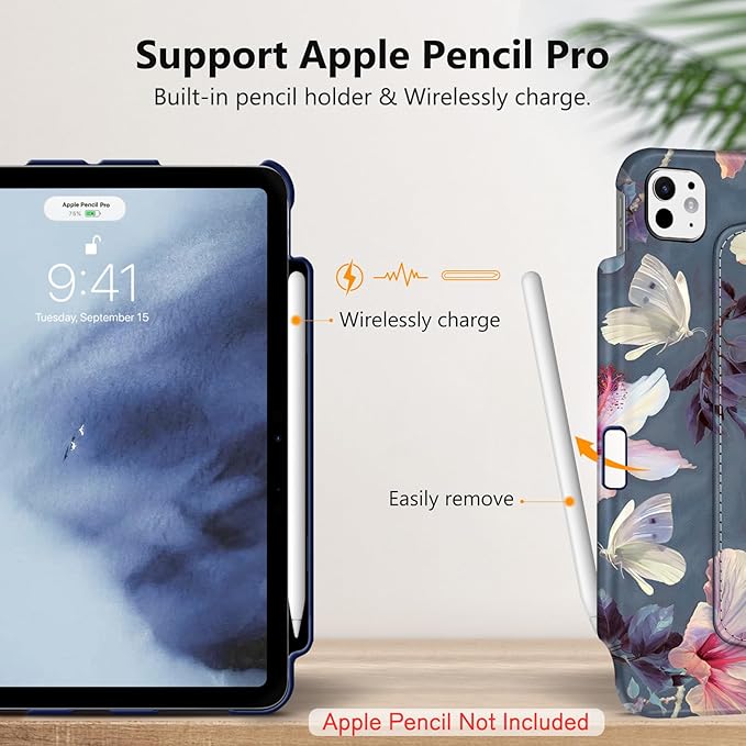 Fintie Rotating Case for iPad Pro 11-inch (M5) 2025 / (M4) 2024 - [Built-in Pencil Holder] 360 Degree Swiveling Smart Stand Protective Cover, Auto Sleep/Wake, Blooming Hibiscus