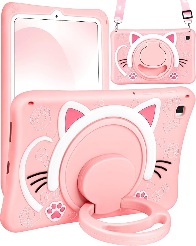 Wazzasoft for Samsung Galaxy Tab S6 Lite 10.4” Case Girls Cute Cat Kawaii Cover Girly 3D Cartoon Women Kitten with Rotating Handle Stand & Strap Soft Silicon Funda for Samsung S6 Lite Tablet Cases