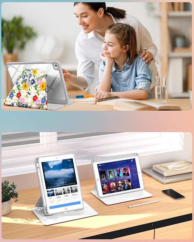 Uppuppy for iPad mini 4 Case for iPad mini 5th Generation Case - 360 Rotating Stand Folio Smart Cover with Pencil Holder for Women Girls, Cat and Flowers for Apple Tablet Mini 7.9 inch 2019/2015