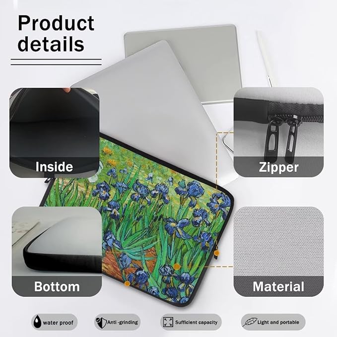 Irises Painting Laptop Sleeve 15 Inch for Women Exquisite Van Gogh Painting Pattern Computer Bag with Funny Design Lightweight Multiple & Neatly Organizers for On-The-Go Essentials