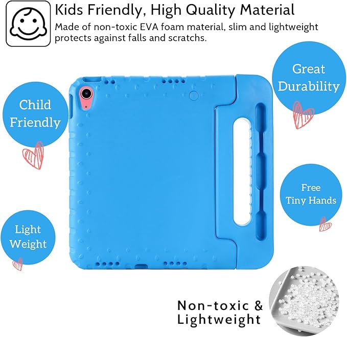 Dteck Kids Case for iPad 10th Gen 10.9" with Pencil Holder, Shockproof Rugged EVA Handle Stand Child Proof Case, Blue