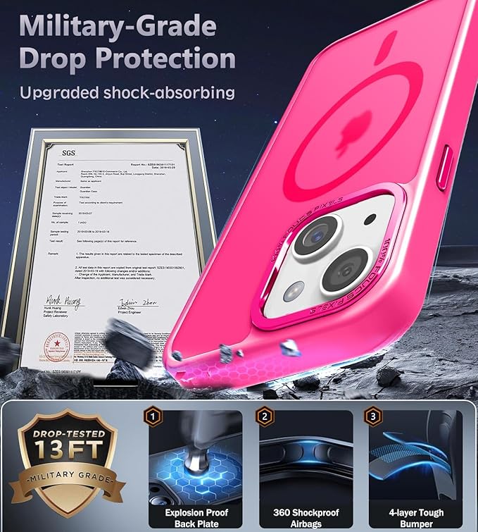 Newfuture Designed for iPhone 13 Case & iPhone 14 Case with Magnetic [13 FT Military Drop Protection] [Compatible with Magsafe] Slim Translucent Shockproof with Anti-Fingerprint Phone Case, Hot Pink