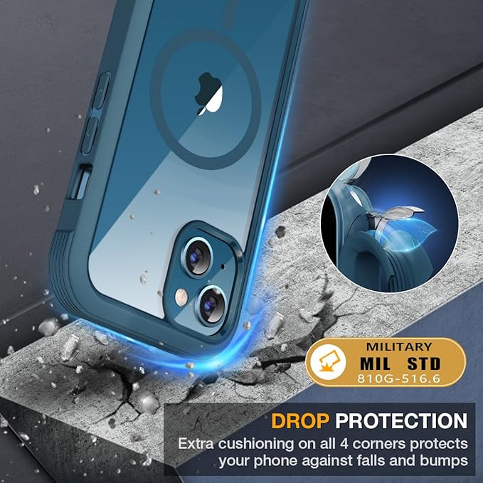 Miracase for iPhone 13 Case 6.1'',Full-Body Magnetic Clear Bumper Case with Built-in 9H Tempered Glass Screen Protector,Military Drop Protection Outdoor Phone Case,Storm Blue