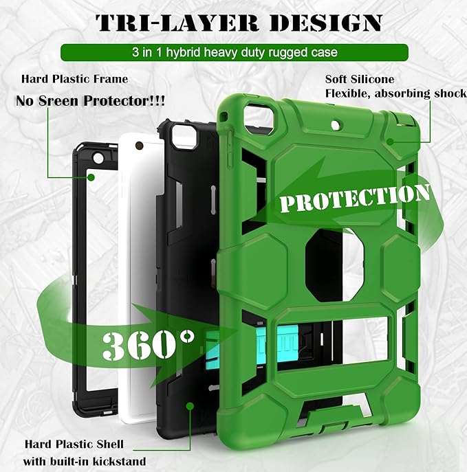 CCMAO iPad 6th Generation Cases, iPad 5th Generation Case, iPad 9.7 Case, iPad Air 2 Case, Hybrid Shockproof Rugged Drop Protection Case Built with Kickstand, Green+Black