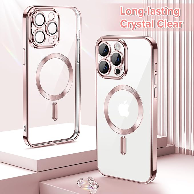Hython Magnetic Clear for iPhone 12 Pro Max Case with Camera Lens Protector [Compatible with MagSafe] Plating Edge Slim Soft TPU Cover Protective Phone Case for iPhone 12 Pro Max 6.7", Pink